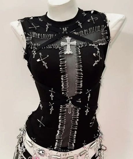 Daring Edge: Gothic Safety Pin & Cross Mesh Tank Top - Fall Concert & Halloween Ready
