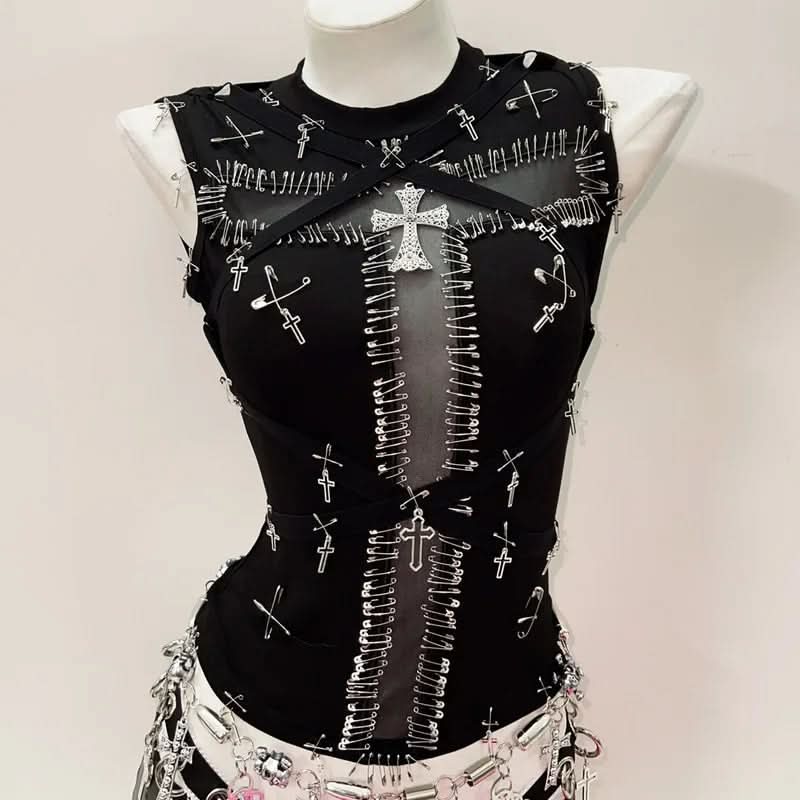 Daring Edge: Gothic Safety Pin & Cross Mesh Tank Top - Fall Concert & Halloween Ready
