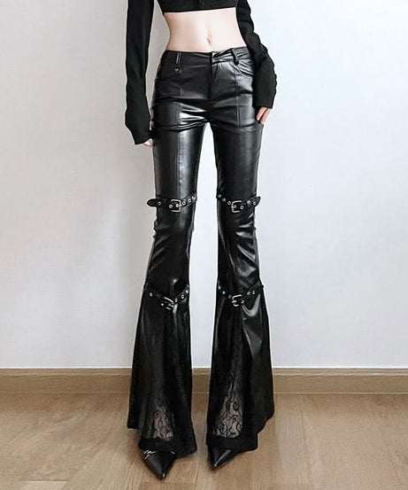 Gothic Glamour Low-Rise Flare PU Leather Pants with Buckle & Lace Trim – Your Edgy Fall & Halloween Statement Piece