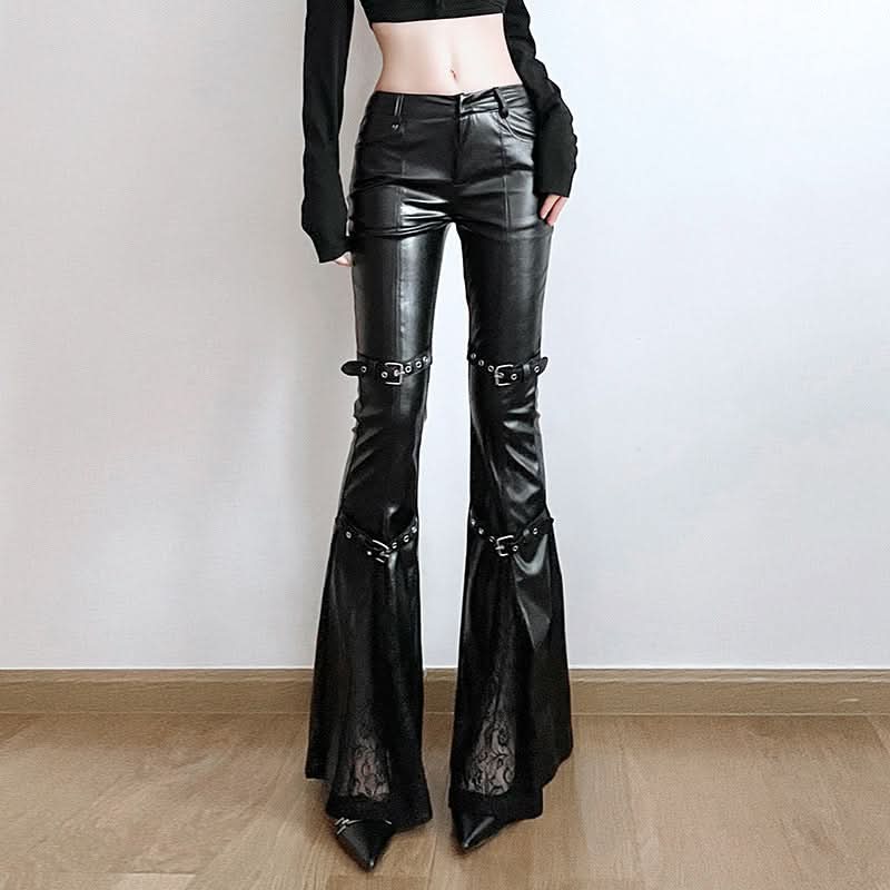 Gothic Glamour Low-Rise Flare PU Leather Pants with Buckle & Lace Trim – Your Edgy Fall & Halloween Statement Piece