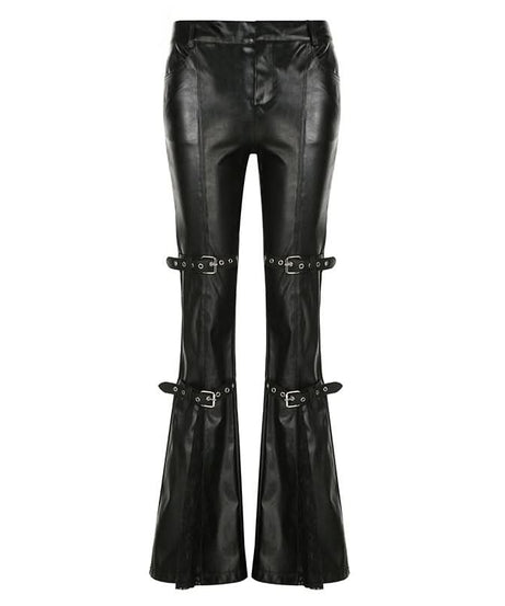 Gothic Glamour Low-Rise Flare PU Leather Pants with Buckle & Lace Trim – Your Edgy Fall & Halloween Statement Piece