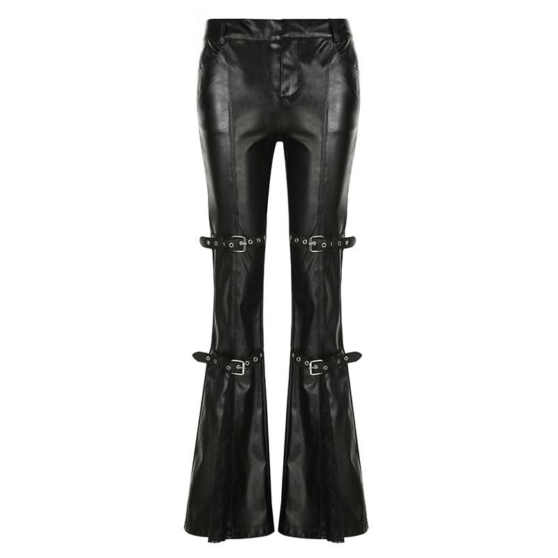 Gothic Glamour Low-Rise Flare PU Leather Pants with Buckle & Lace Trim – Your Edgy Fall & Halloween Statement Piece