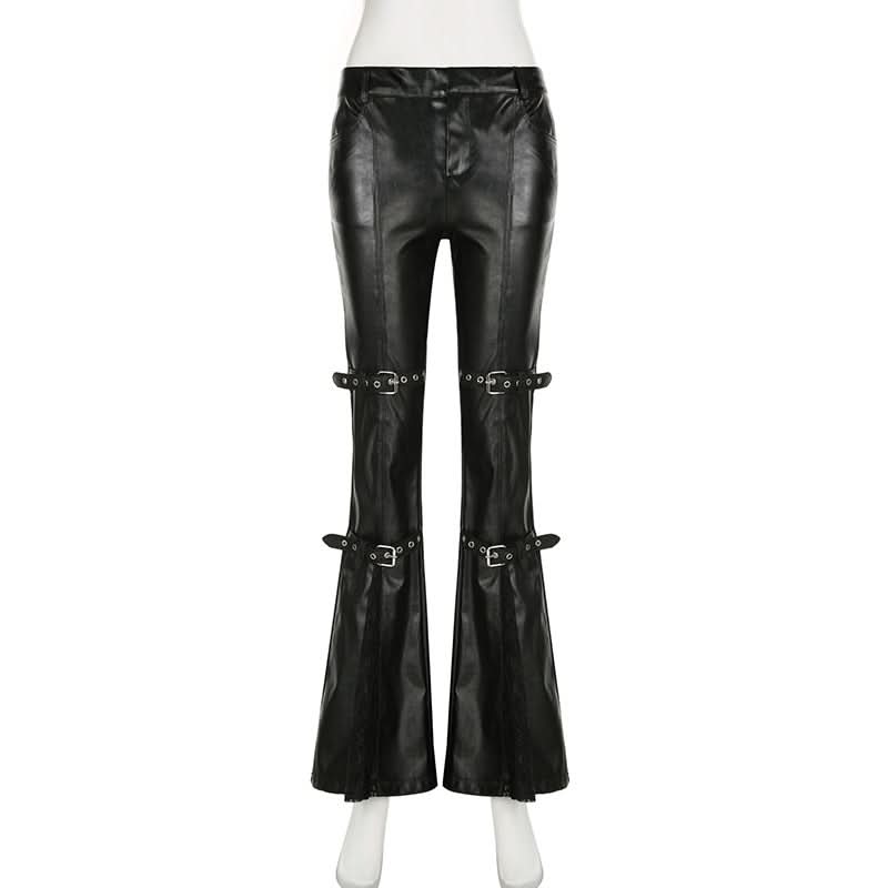 Gothic Glamour Low-Rise Flare PU Leather Pants with Buckle & Lace Trim – Your Edgy Fall & Halloween Statement Piece