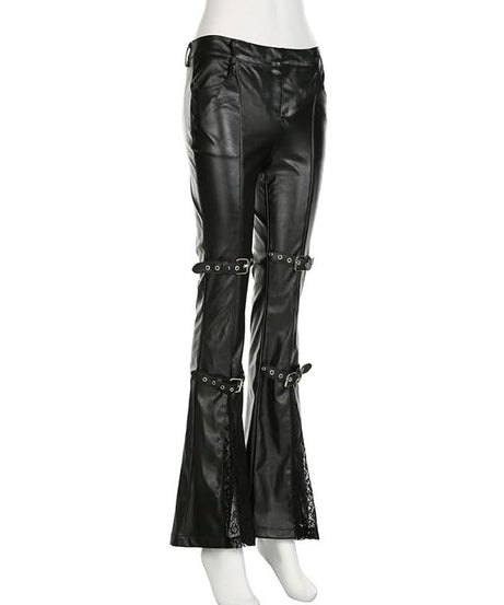 Gothic Glamour Low-Rise Flare PU Leather Pants with Buckle & Lace Trim – Your Edgy Fall & Halloween Statement Piece
