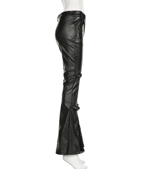 Gothic Glamour Low-Rise Flare PU Leather Pants with Buckle & Lace Trim – Your Edgy Fall & Halloween Statement Piece