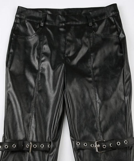 Gothic Glamour Low-Rise Flare PU Leather Pants with Buckle & Lace Trim – Your Edgy Fall & Halloween Statement Piece