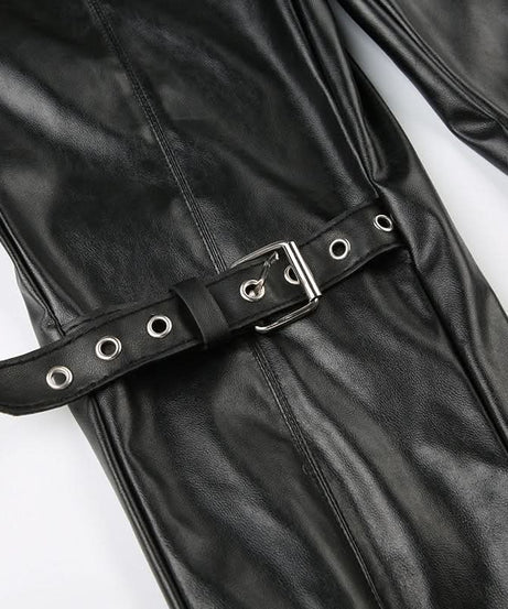 Gothic Glamour Low-Rise Flare PU Leather Pants with Buckle & Lace Trim – Your Edgy Fall & Halloween Statement Piece