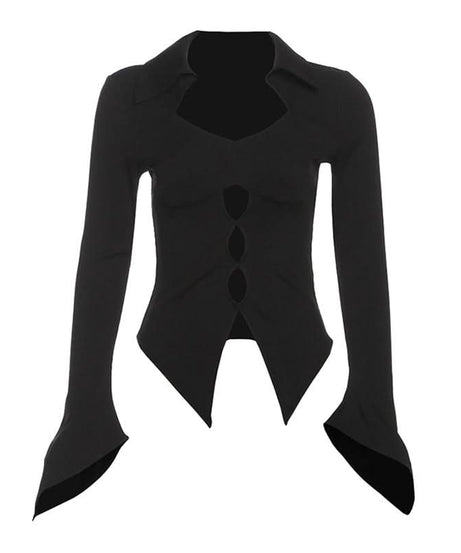 Goth-Chic Cut-Out Long Sleeve Top | Flared Bell Sleeve Collared Blouse - Perfect for Fall & Spooky Season