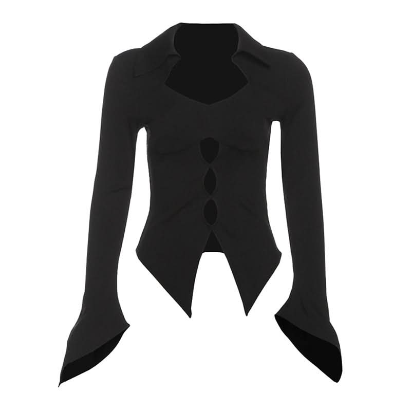 Goth-Chic Cut-Out Long Sleeve Top | Flared Bell Sleeve Collared Blouse - Perfect for Fall & Spooky Season