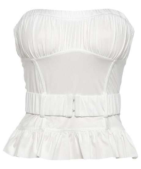 Effortless Elegance: White Ruched Peplum Tube Top – Your Fall & Holiday Go-To
