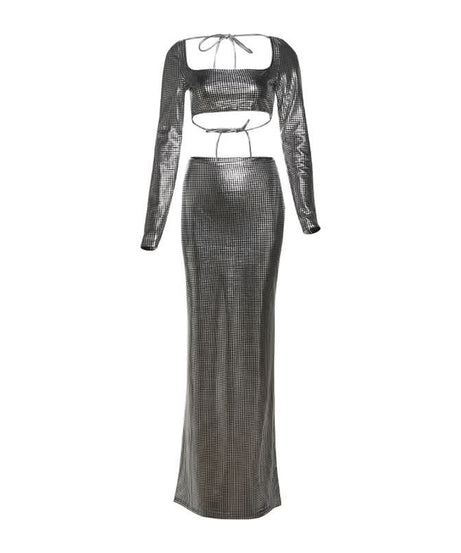 Showstopping Metallic Maxi Skirt Set - Long Sleeve Square Neck Crop Top | Holiday Party & Gala Ready