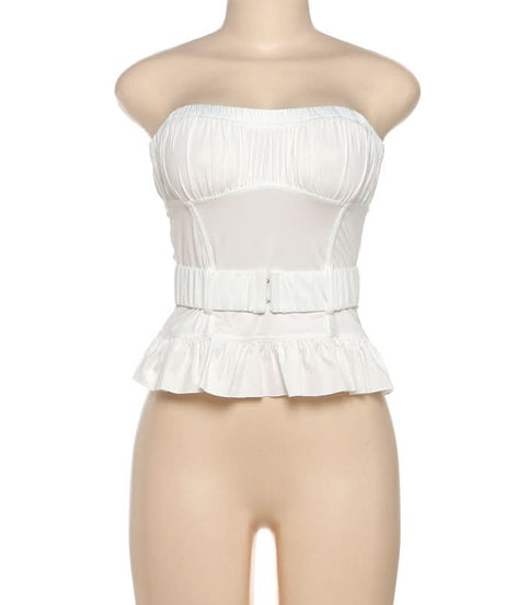 Effortless Elegance: White Ruched Peplum Tube Top – Your Fall & Holiday Go-To