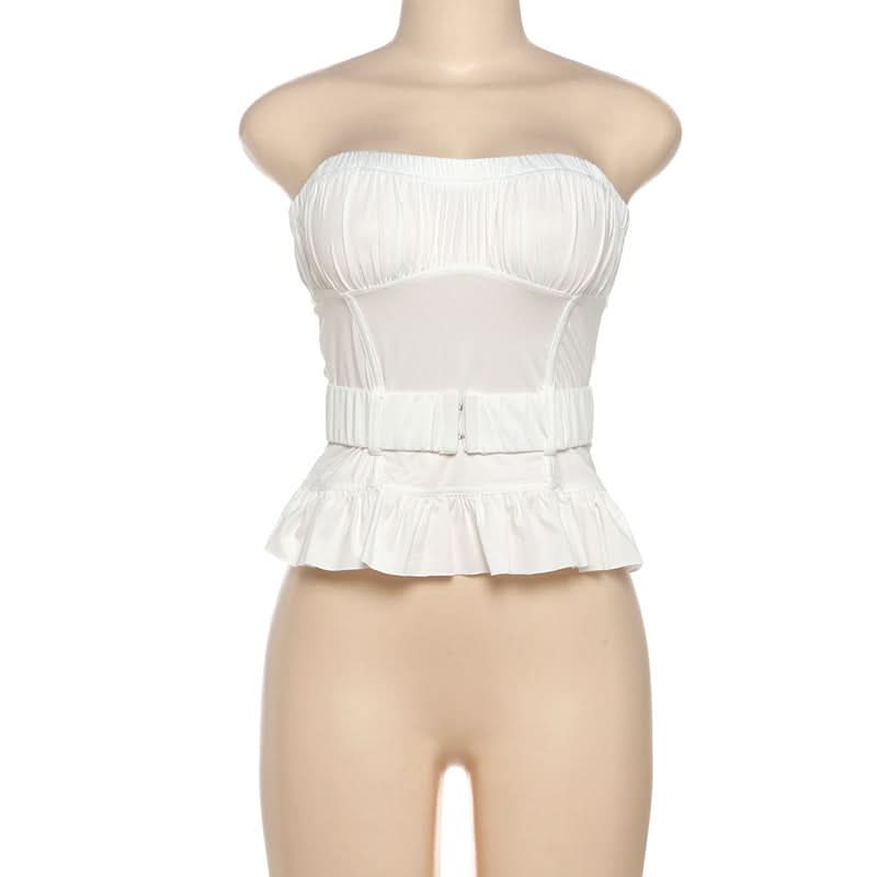 Effortless Elegance: White Ruched Peplum Tube Top – Your Fall & Holiday Go-To