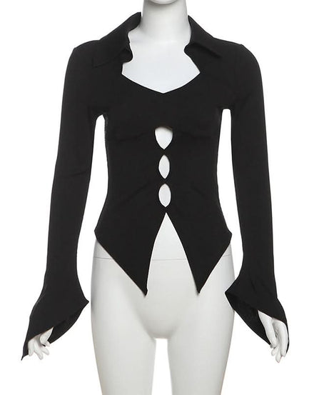 Goth-Chic Cut-Out Long Sleeve Top | Flared Bell Sleeve Collared Blouse - Perfect for Fall & Spooky Season