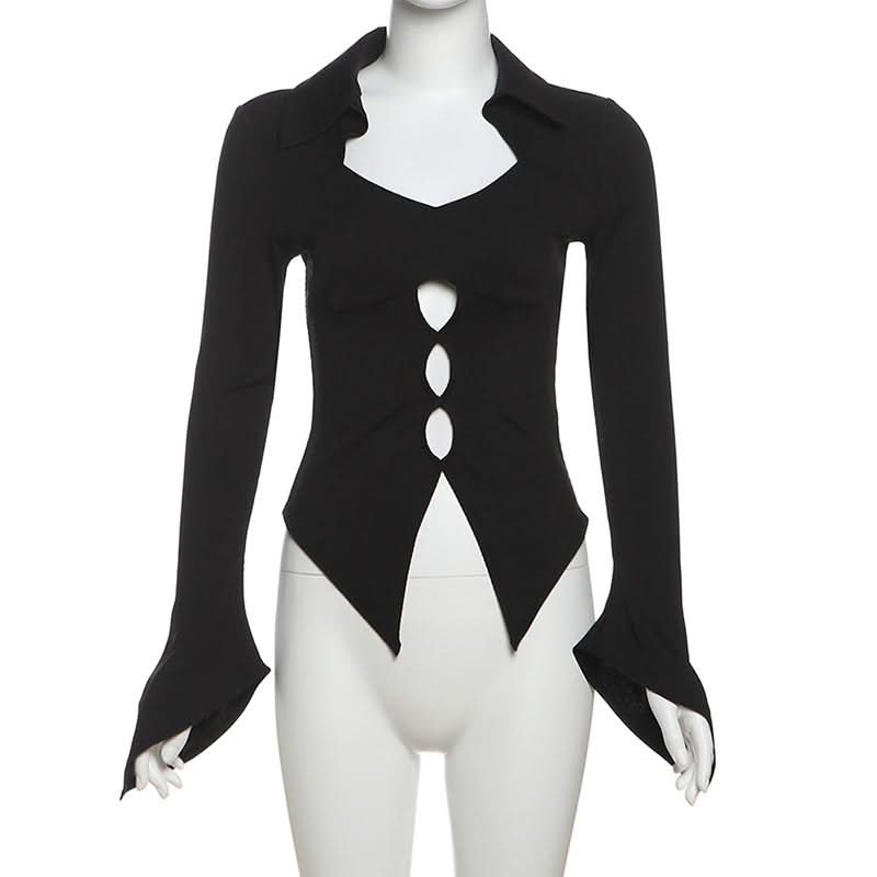 Goth-Chic Cut-Out Long Sleeve Top | Flared Bell Sleeve Collared Blouse - Perfect for Fall & Spooky Season