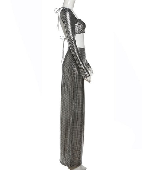 Showstopping Metallic Maxi Skirt Set - Long Sleeve Square Neck Crop Top | Holiday Party & Gala Ready