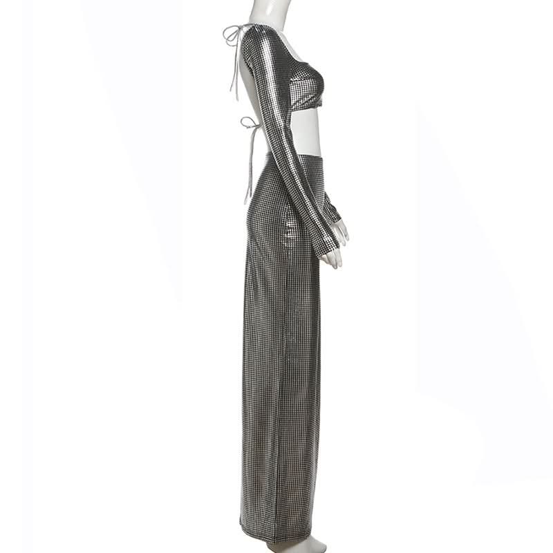 Showstopping Metallic Maxi Skirt Set - Long Sleeve Square Neck Crop Top | Holiday Party & Gala Ready