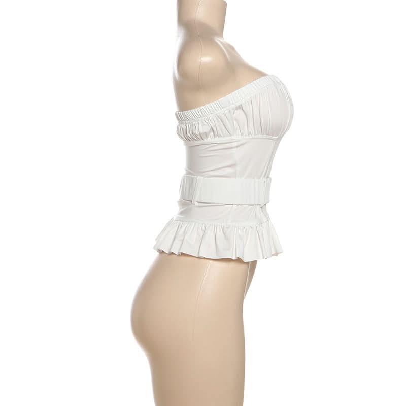 Effortless Elegance: White Ruched Peplum Tube Top – Your Fall & Holiday Go-To