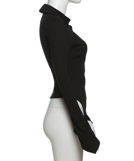 Goth-Chic Cut-Out Long Sleeve Top | Flared Bell Sleeve Collared Blouse - Perfect for Fall & Spooky Season