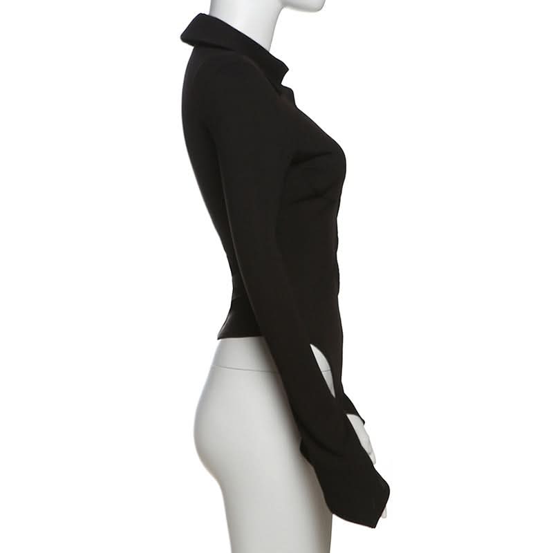 Goth-Chic Cut-Out Long Sleeve Top | Flared Bell Sleeve Collared Blouse - Perfect for Fall & Spooky Season