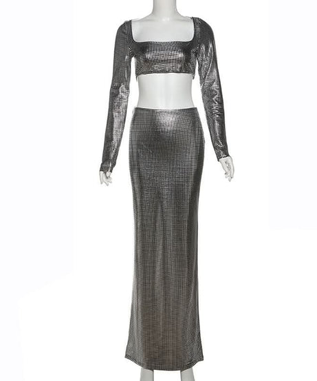 Showstopping Metallic Maxi Skirt Set - Long Sleeve Square Neck Crop Top | Holiday Party & Gala Ready