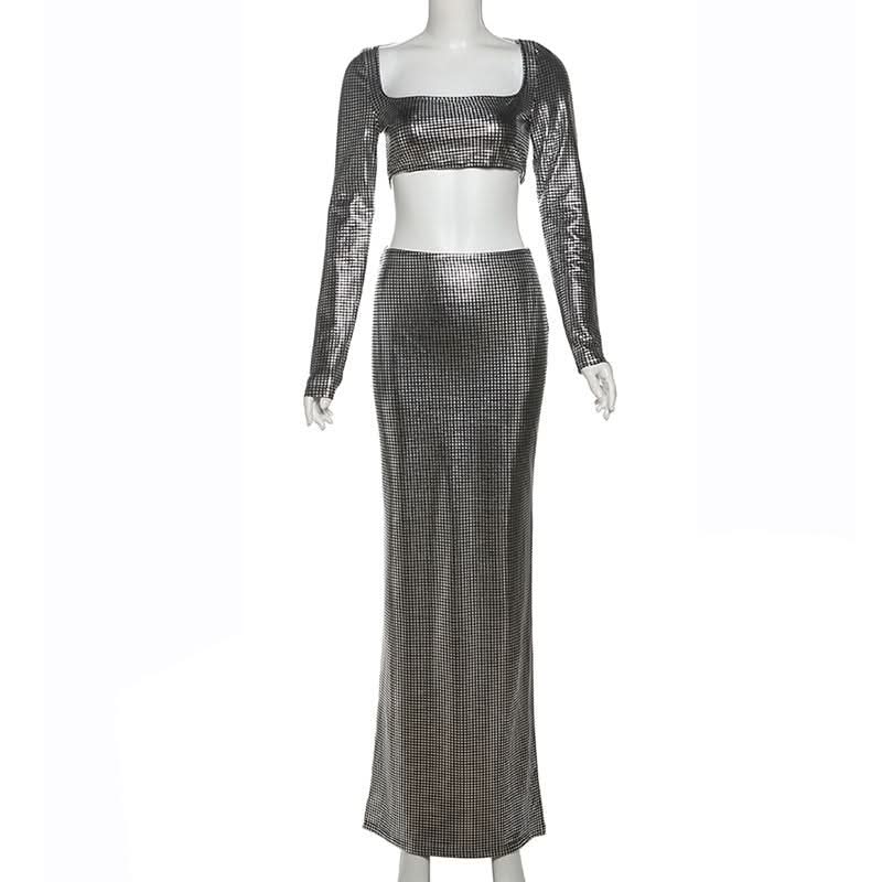 Showstopping Metallic Maxi Skirt Set - Long Sleeve Square Neck Crop Top | Holiday Party & Gala Ready