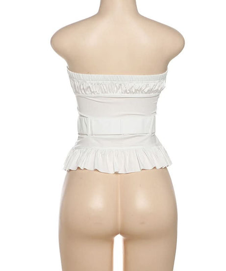 Effortless Elegance: White Ruched Peplum Tube Top – Your Fall & Holiday Go-To