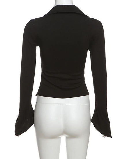Goth-Chic Cut-Out Long Sleeve Top | Flared Bell Sleeve Collared Blouse - Perfect for Fall & Spooky Season