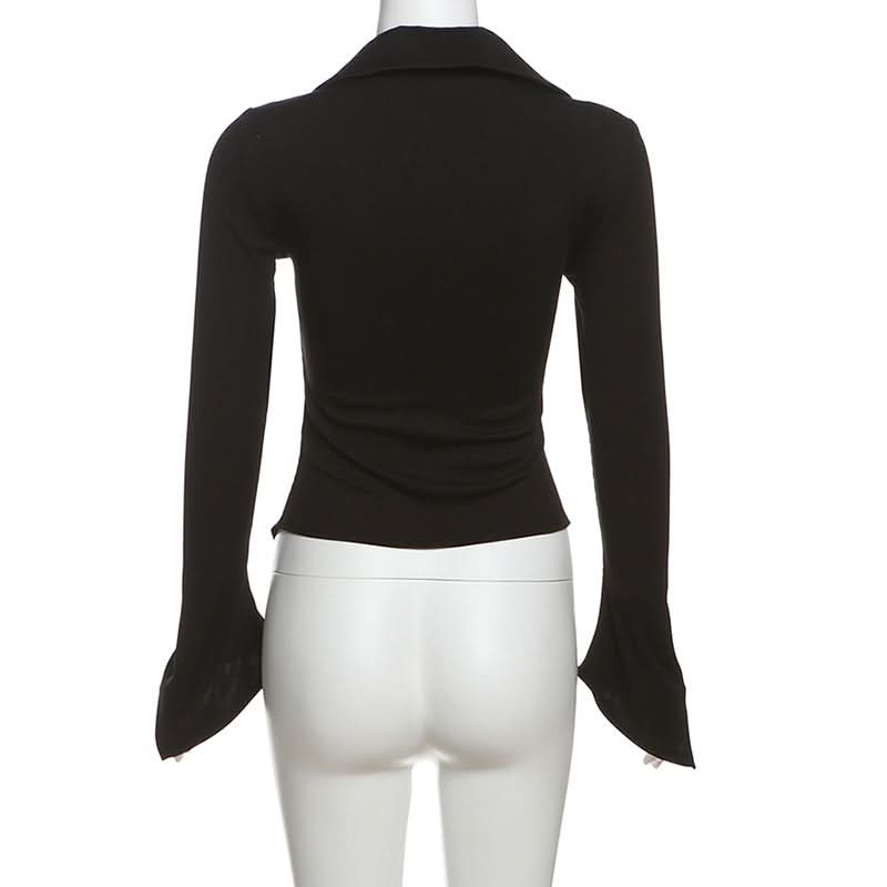 Goth-Chic Cut-Out Long Sleeve Top | Flared Bell Sleeve Collared Blouse - Perfect for Fall & Spooky Season