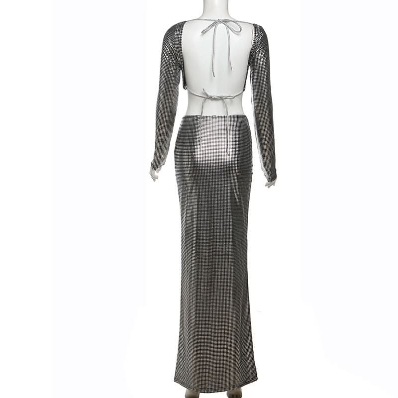 Showstopping Metallic Maxi Skirt Set - Long Sleeve Square Neck Crop Top | Holiday Party & Gala Ready