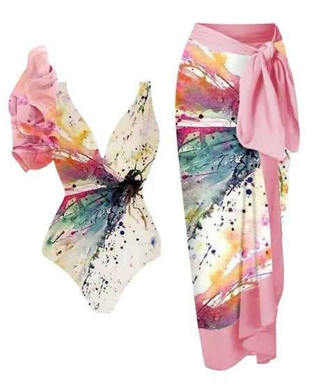 Vibrant Watercolor Butterfly 2-Piece Swimsuit & Maxi Sarong Set - Chic Resort & Fall Getaway Style