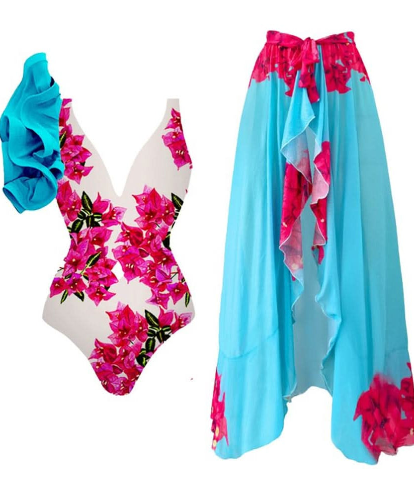 Vibrant Watercolor Butterfly 2-Piece Swimsuit & Maxi Sarong Set - Chic Resort & Fall Getaway Style