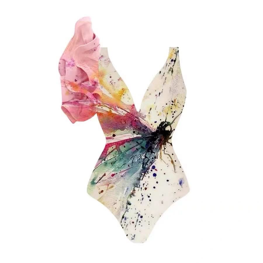 Vibrant Watercolor Butterfly 2-Piece Swimsuit & Maxi Sarong Set - Chic Resort & Fall Getaway Style