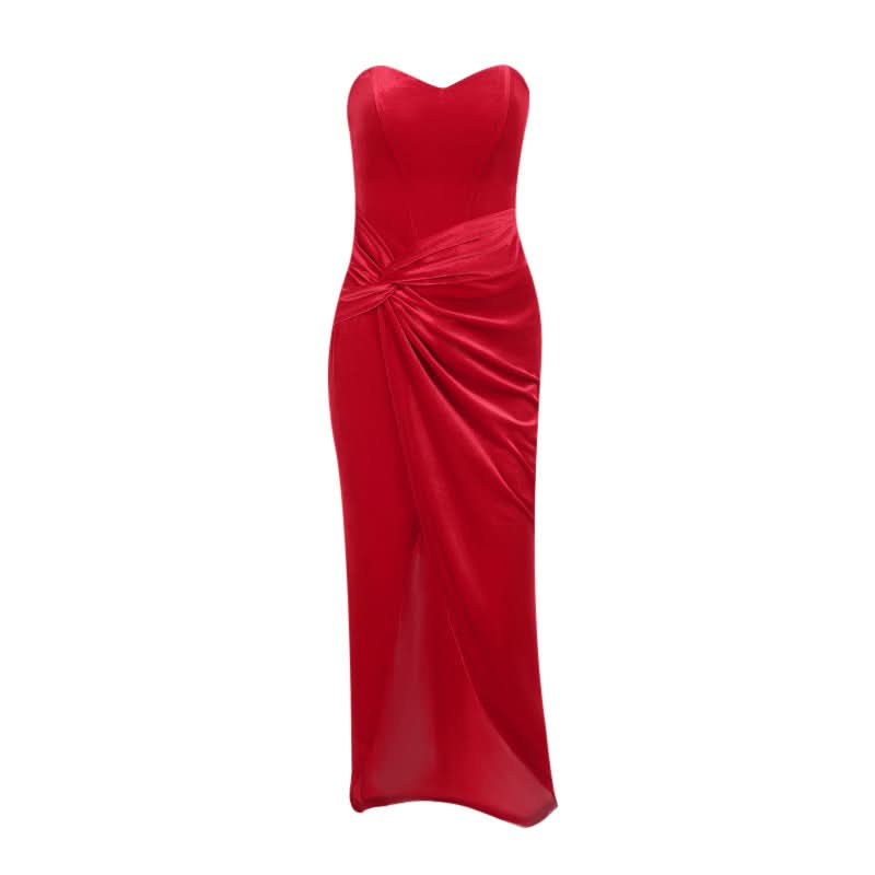 Luxe Red Velvet Sweetheart Slit Maxi Dress - Your Glamorous Gown for Holiday Parties & New Year's Eve