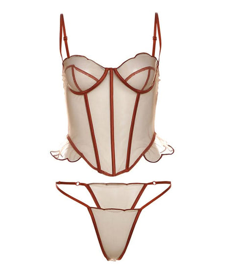 Autumn Allure: Sweetheart Mesh Bustier & Thong Lingerie Set | Terracotta Rust