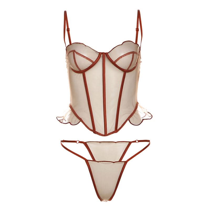 Autumn Allure: Sweetheart Mesh Bustier & Thong Lingerie Set | Terracotta Rust