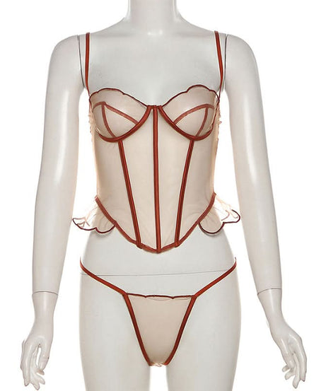 Autumn Allure: Sweetheart Mesh Bustier & Thong Lingerie Set | Terracotta Rust