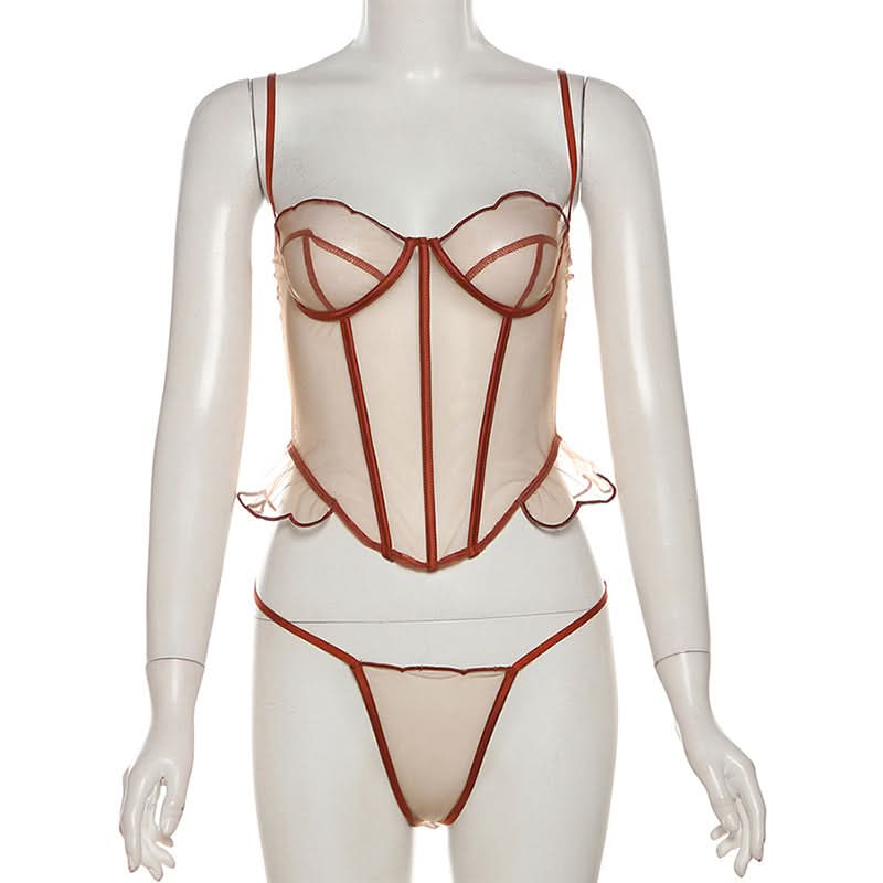 Autumn Allure: Sweetheart Mesh Bustier & Thong Lingerie Set | Terracotta Rust