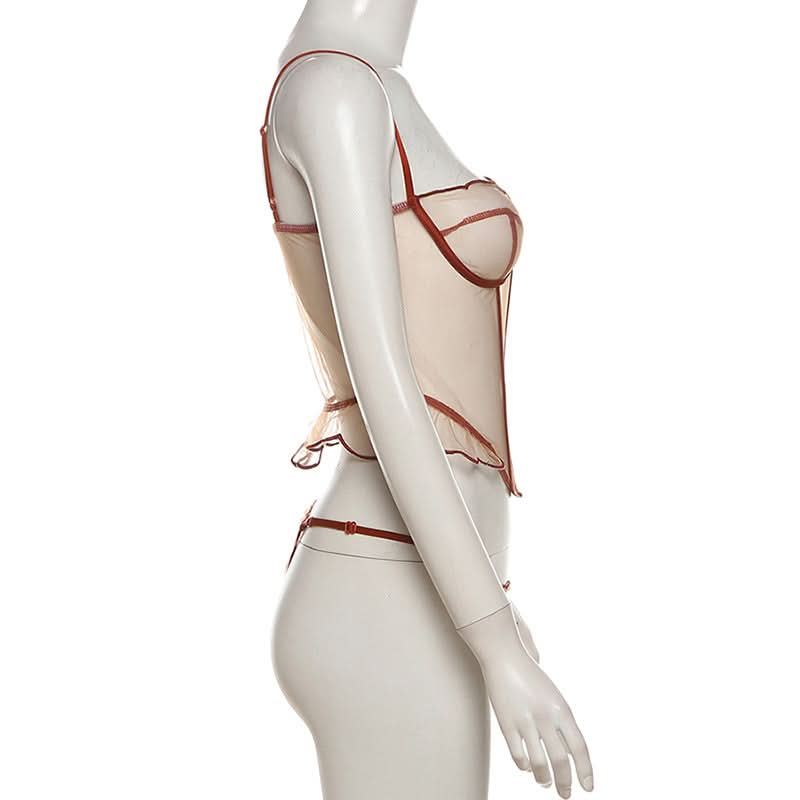 Autumn Allure: Sweetheart Mesh Bustier & Thong Lingerie Set | Terracotta Rust