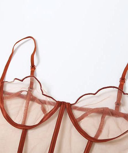 Autumn Allure: Sweetheart Mesh Bustier & Thong Lingerie Set | Terracotta Rust