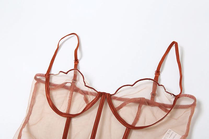 Autumn Allure: Sweetheart Mesh Bustier & Thong Lingerie Set | Terracotta Rust