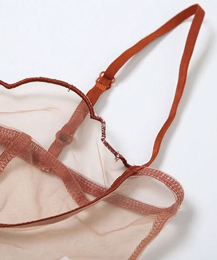 Autumn Allure: Sweetheart Mesh Bustier & Thong Lingerie Set | Terracotta Rust