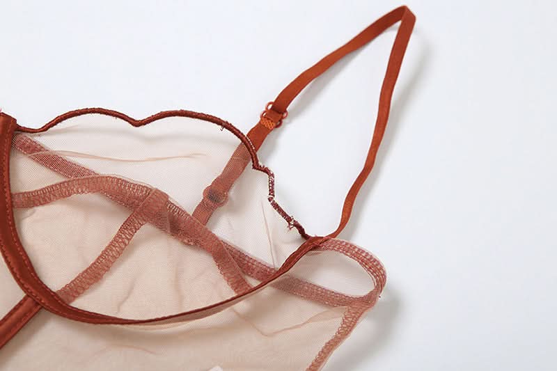 Autumn Allure: Sweetheart Mesh Bustier & Thong Lingerie Set | Terracotta Rust