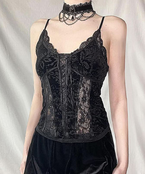 Enchanted Black Velvet & Lace Corset Cami - Gothic Chic Bustier for Fall & Holiday Sparkle