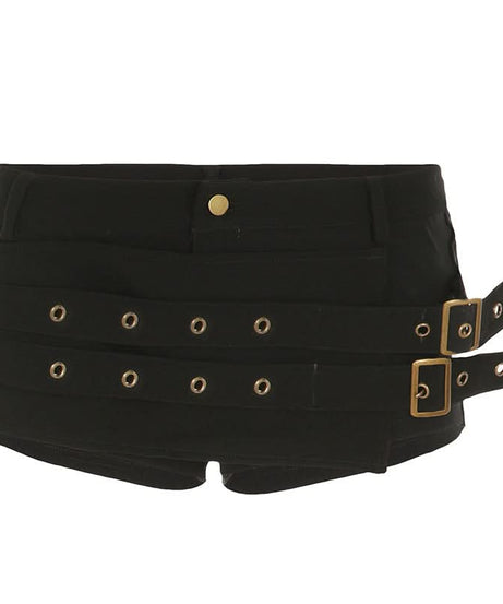 Fierce Black Buckle & Grommet Low-Rise Shorts - Edgy Halloween & Fall Party Ready
