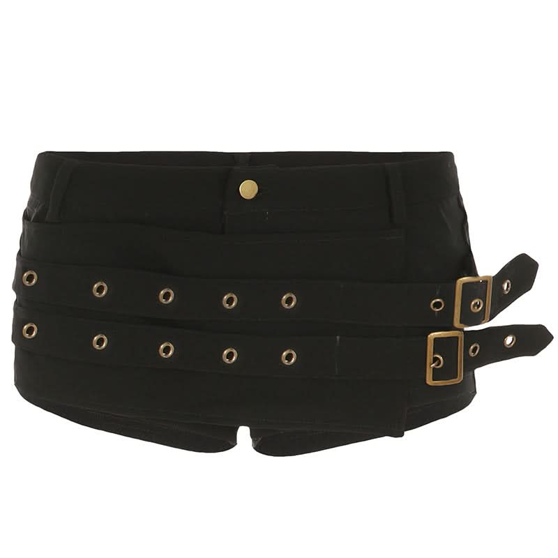 Fierce Black Buckle & Grommet Low-Rise Shorts - Edgy Halloween & Fall Party Ready