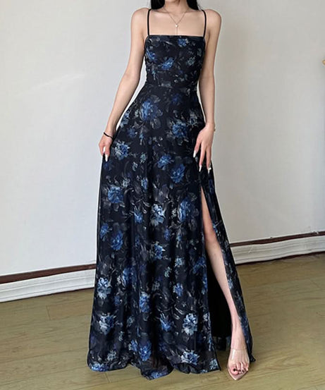 Effortless Elegance: Fall Floral Square Neck Maxi Dress with Alluring Slit