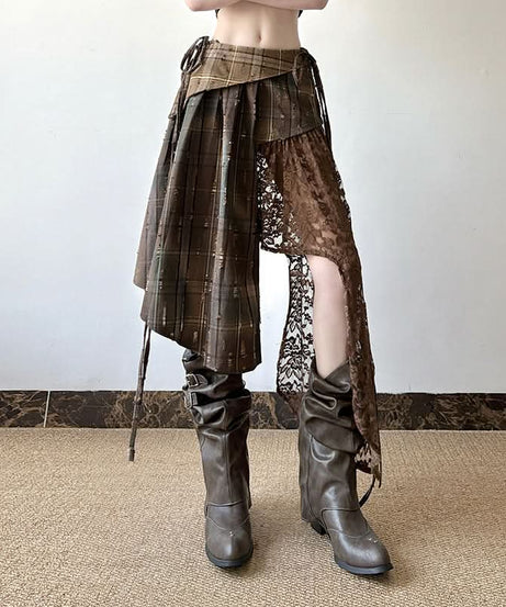 Autumn Rhapsody Plaid & Lace Asymmetrical Midi Skirt | Edgy Fall Fashion