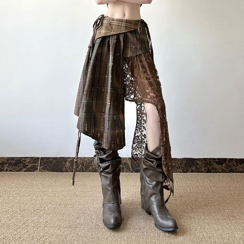 Autumn Rhapsody Plaid & Lace Asymmetrical Midi Skirt | Edgy Fall Fashion