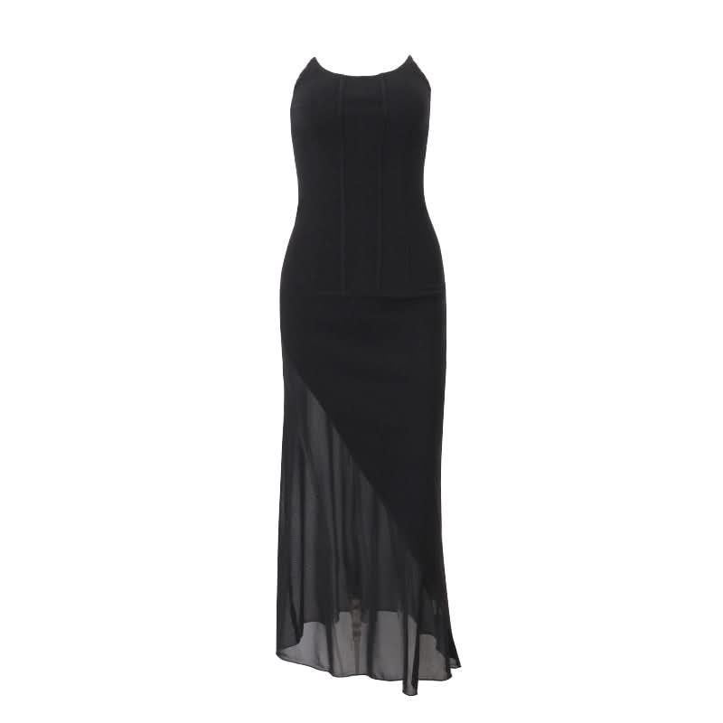 Sleek Black Mesh Panel Maxi Dress - Your Go-To for Fall & Holiday Parties